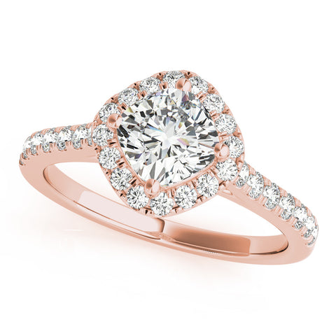 Rose gold Cushion Halo Diamond Engagement Ring with Pave Band and Four-Prong Setting