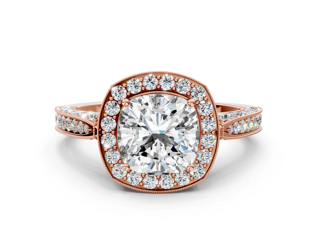 Rose gold Cushion Halo Diamond Engagement Ring with Split Shank Band and Four-Prong Setting_6