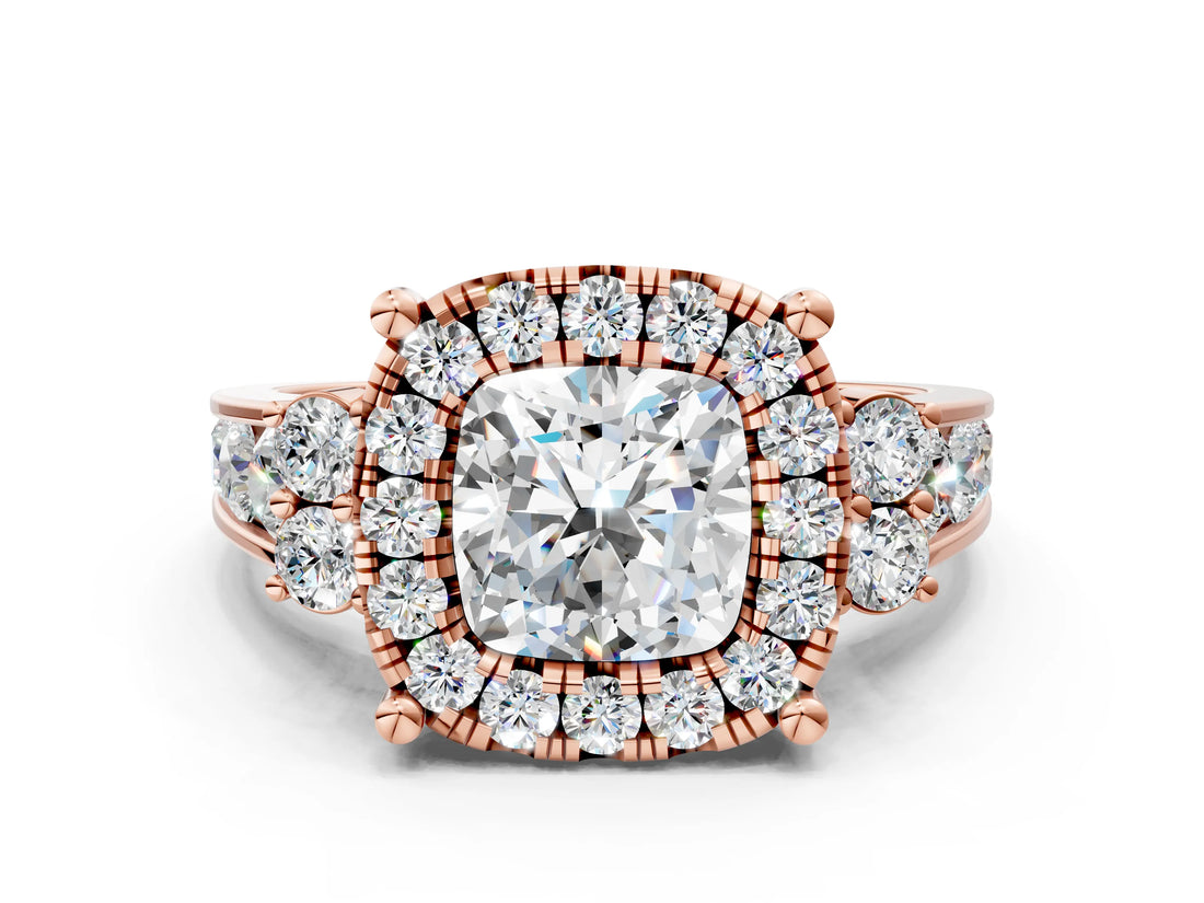 Rose gold Cushion Halo Diamond Engagement Ring with Split Shank and Four-Prong Setting