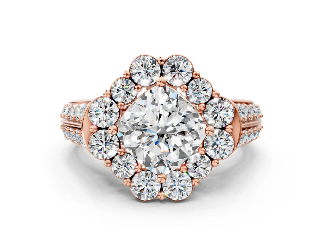 Rose gold Cushion Halo Diamond Engagement Ring with Split Shank and Prong Setting_65