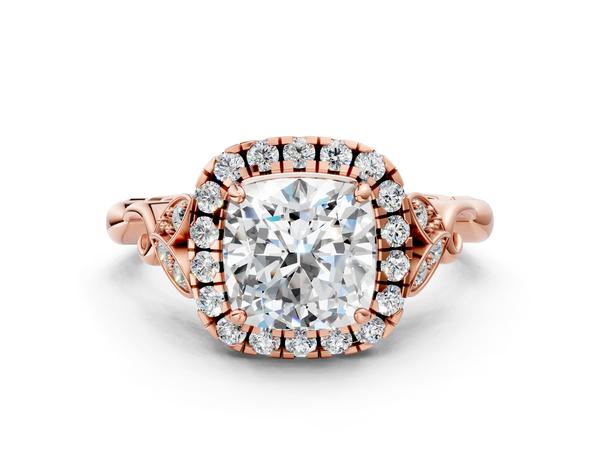 Rose gold Cushion Halo Diamond Engagement Ring with Vintage-Inspired Band and Four-Prong Setting