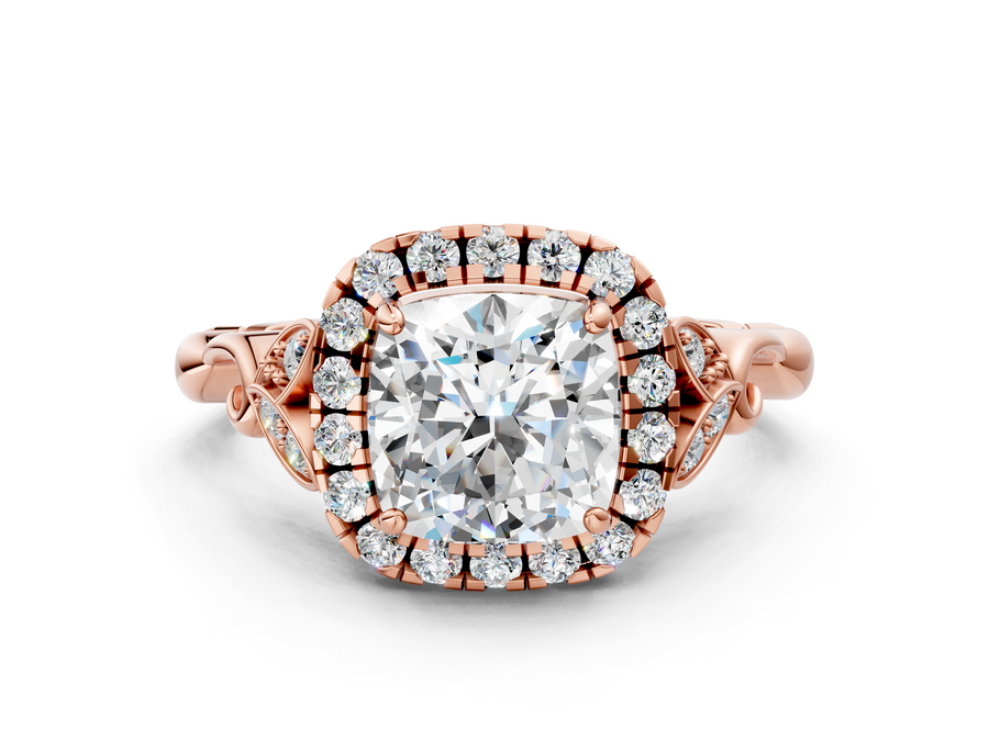 Rose gold Cushion Halo Diamond Engagement Ring with Vintage-Inspired Band and Four-Prong Setting