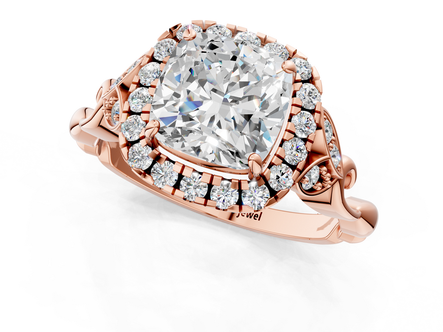 Rose gold Cushion Halo Diamond Engagement Ring with Vintage-Inspired Band and Four-Prong Setting