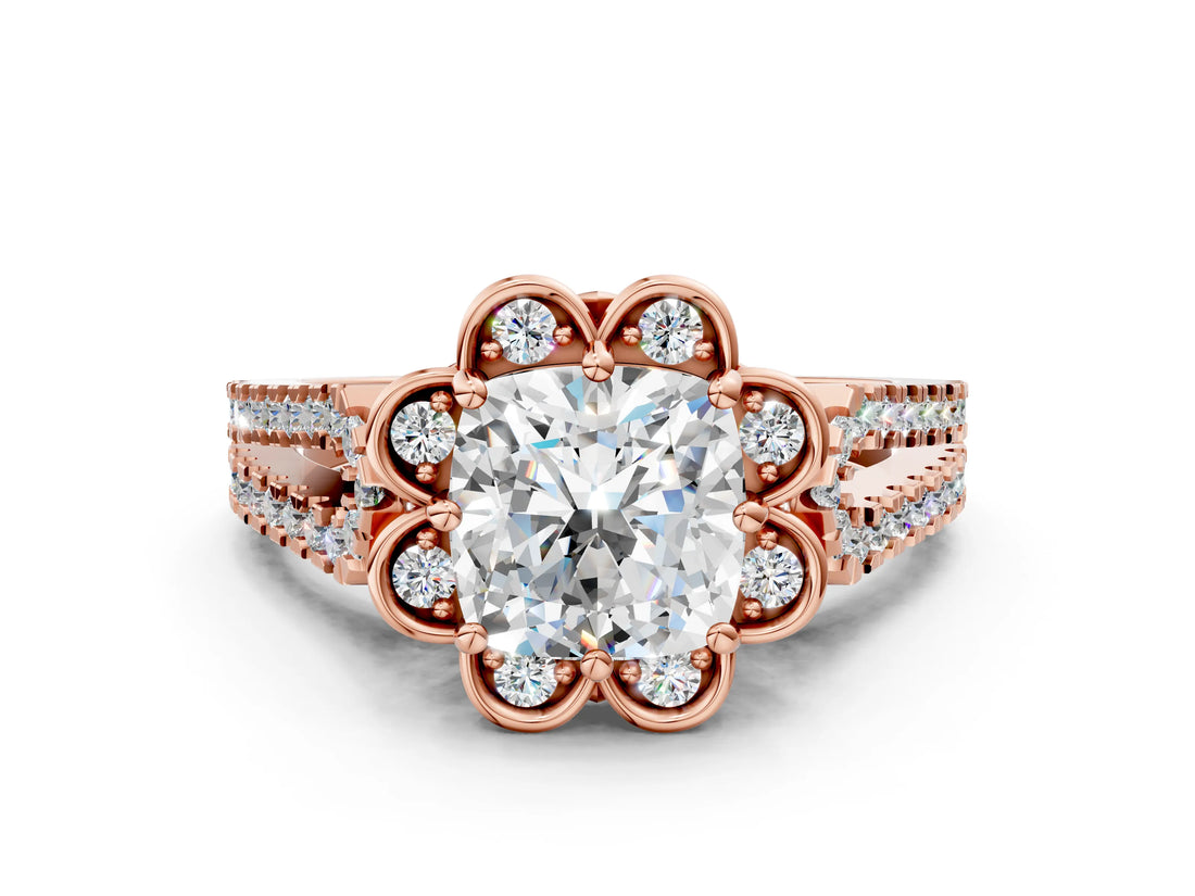 Rose gold Cushion Halo Diamond Floral Split Shank Engagement Ring