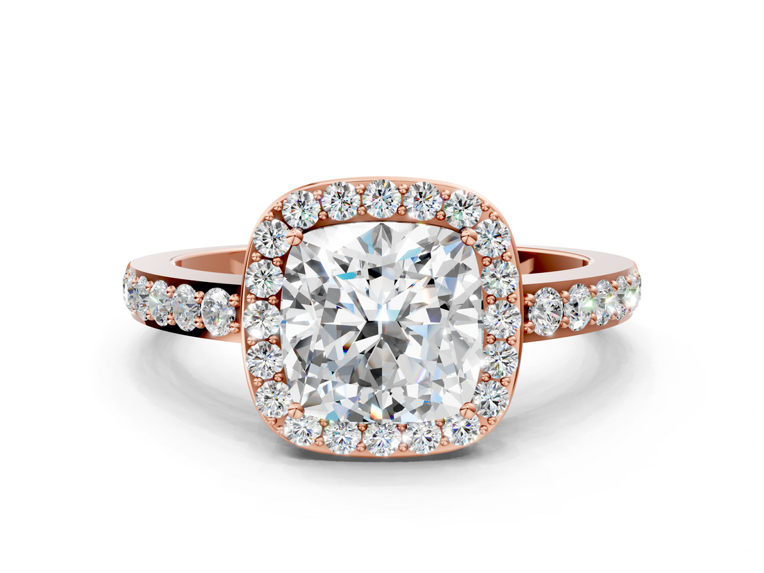 Rose gold Cushion Halo Diamond Pavé Band Ring with Prong Setting_20