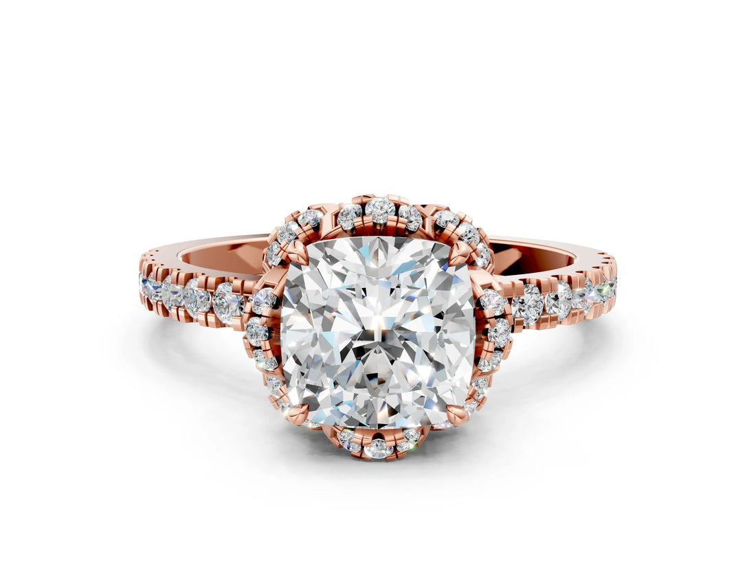 Rose gold Cushion Halo Diamond Pave Band Ring with Four-Prong Setting_27