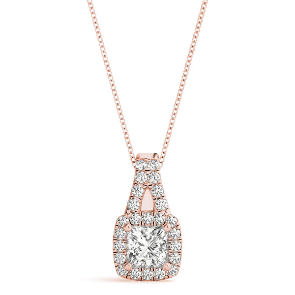 Rose gold Cushion Halo Diamond Pendant with Princess Cut Stone and Four-Prong Setting