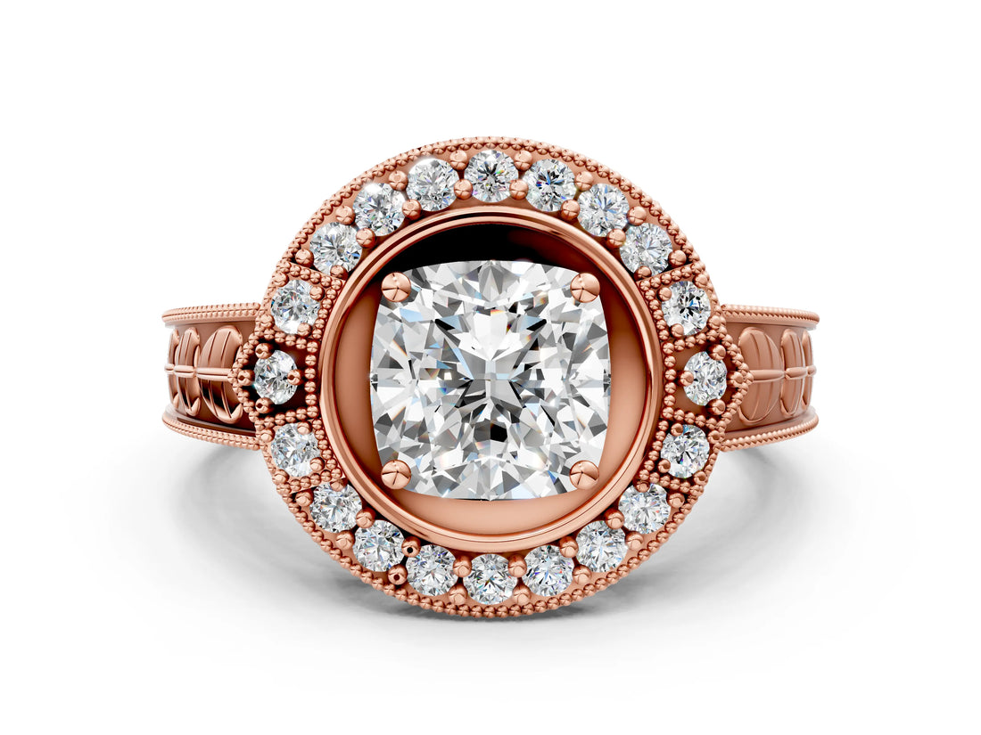 Rose gold Cushion Halo Diamond Ring with Milgrain Bezel and Prong Setting_6