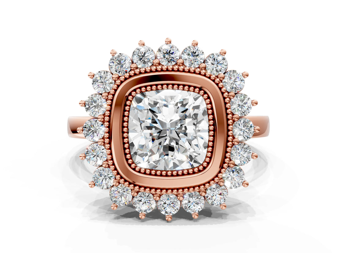 Rose gold Cushion Halo Diamond Ring with Milgrain Edge and Round Prong Setting_26