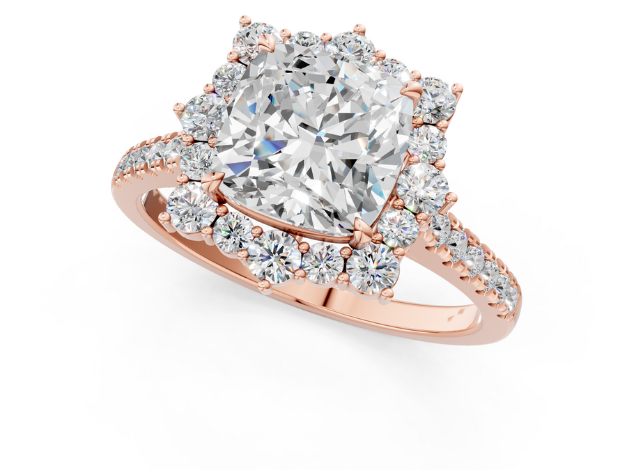 Rose gold Cushion Halo Diamond Ring with Pavé Band and Prong Setting