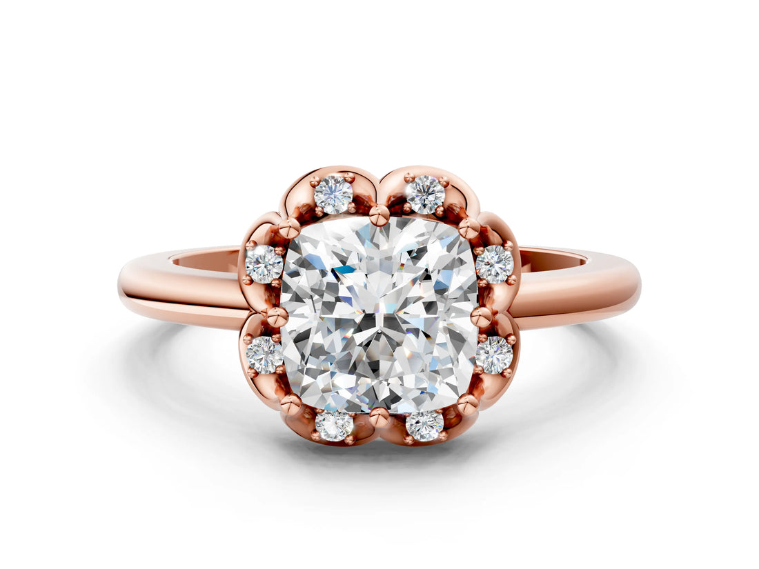 Rose gold Cushion Halo Diamond Ring with Round Cluster Setting, Solitaire Band, and Four-Prong Setting_49