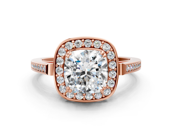Rose gold Cushion Cut Diamond Halo Ring with Split Shank and Four-Prong Setting