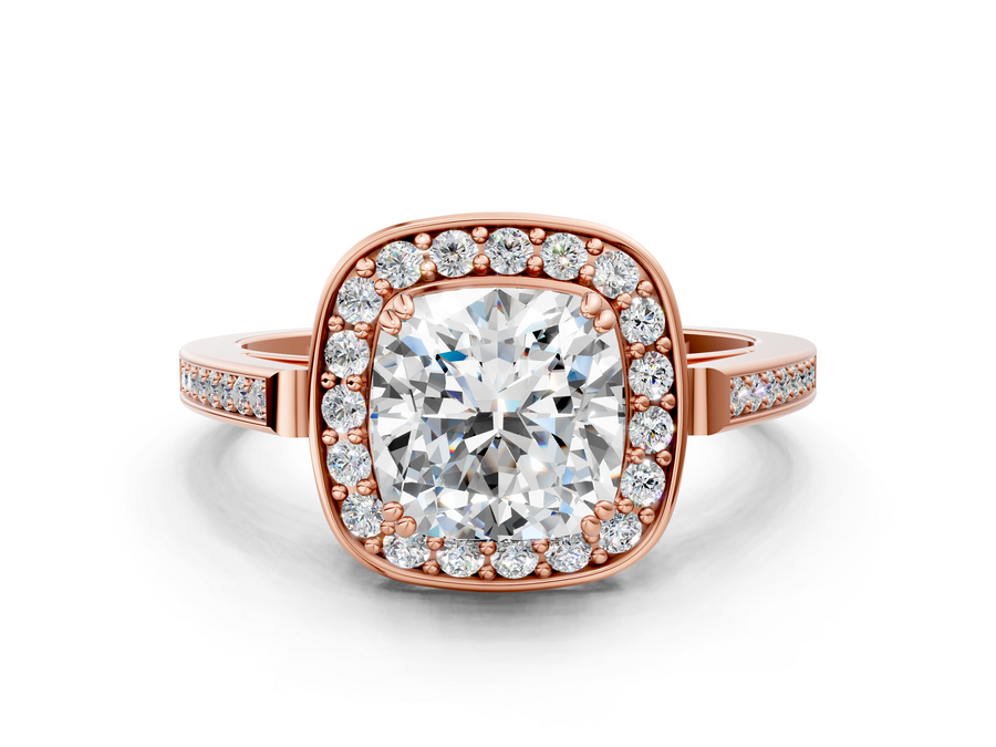 Rose gold Cushion Cut Diamond Halo Ring with Split Shank and Four-Prong Setting