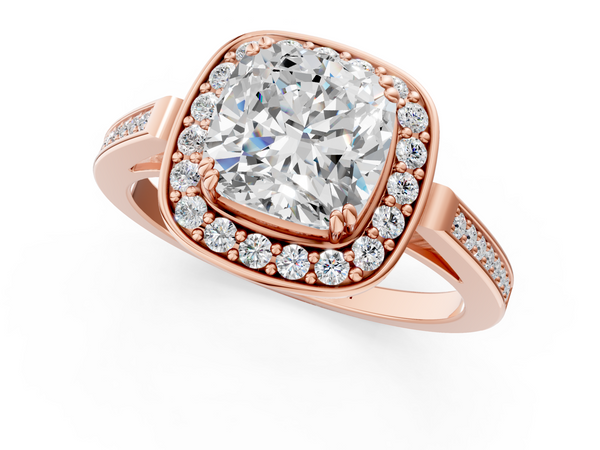 Rose gold Cushion Cut Diamond Halo Ring with Split Shank and Four-Prong Setting