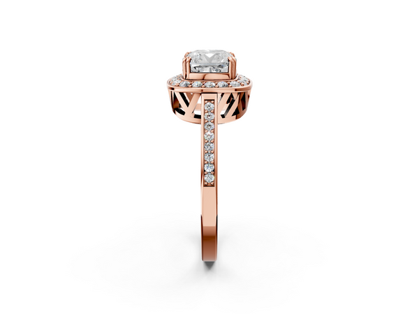 Rose gold Cushion Cut Diamond Halo Ring with Split Shank and Four-Prong Setting