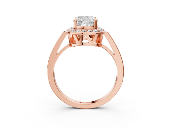 Rose gold Cushion Cut Diamond Halo Ring with Split Shank and Four-Prong Setting