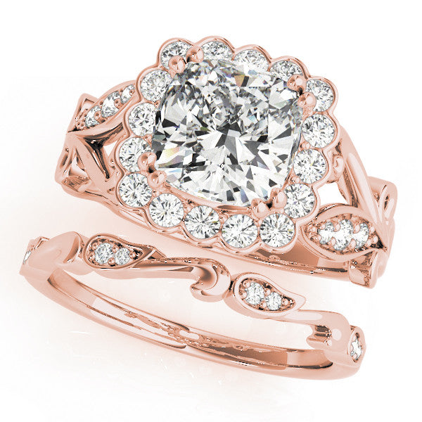 Rose gold Cushion Halo Diamond Ring with Vintage Split Shank and Four-Prong Setting 1