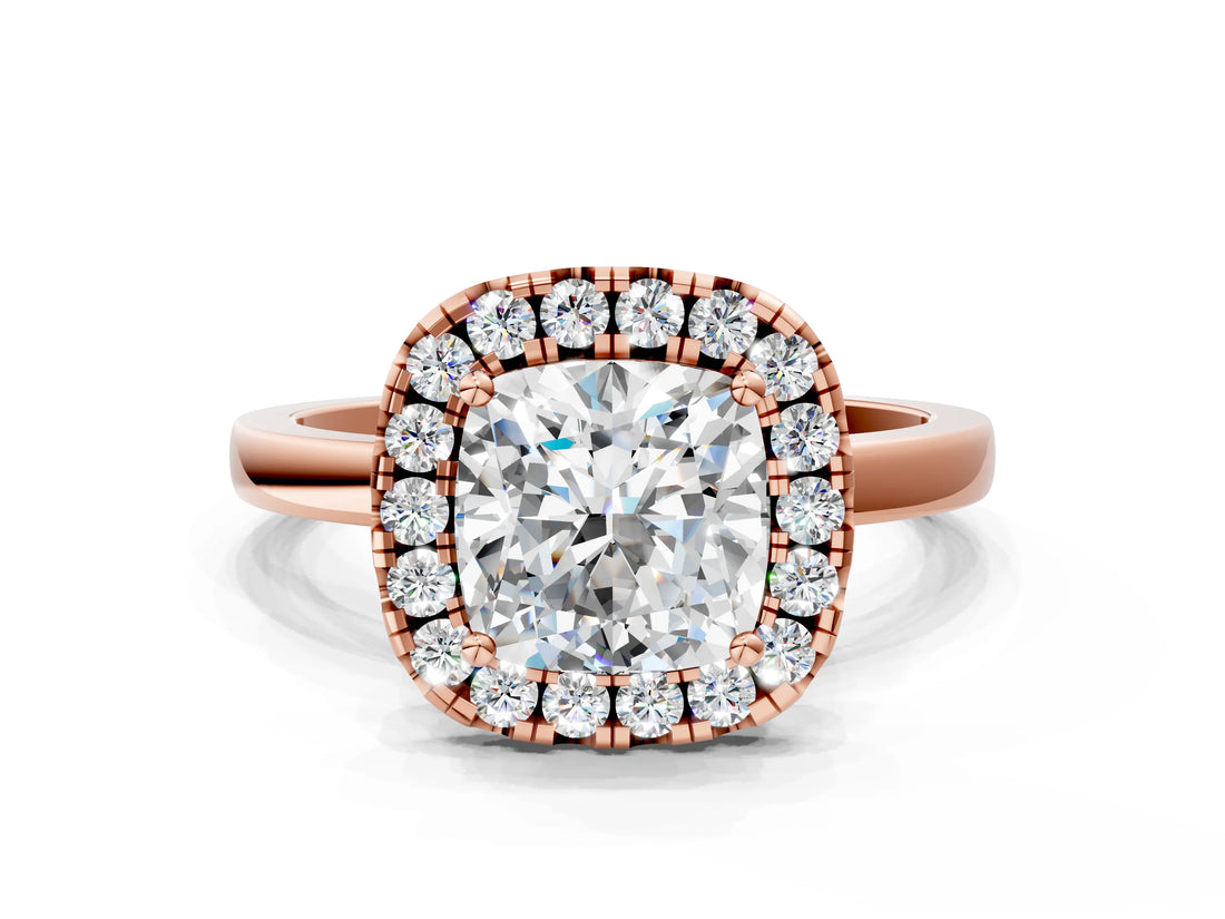 Rose gold Cushion Halo Diamond Solitaire with Pavé Band and Four-Prong Setting_85