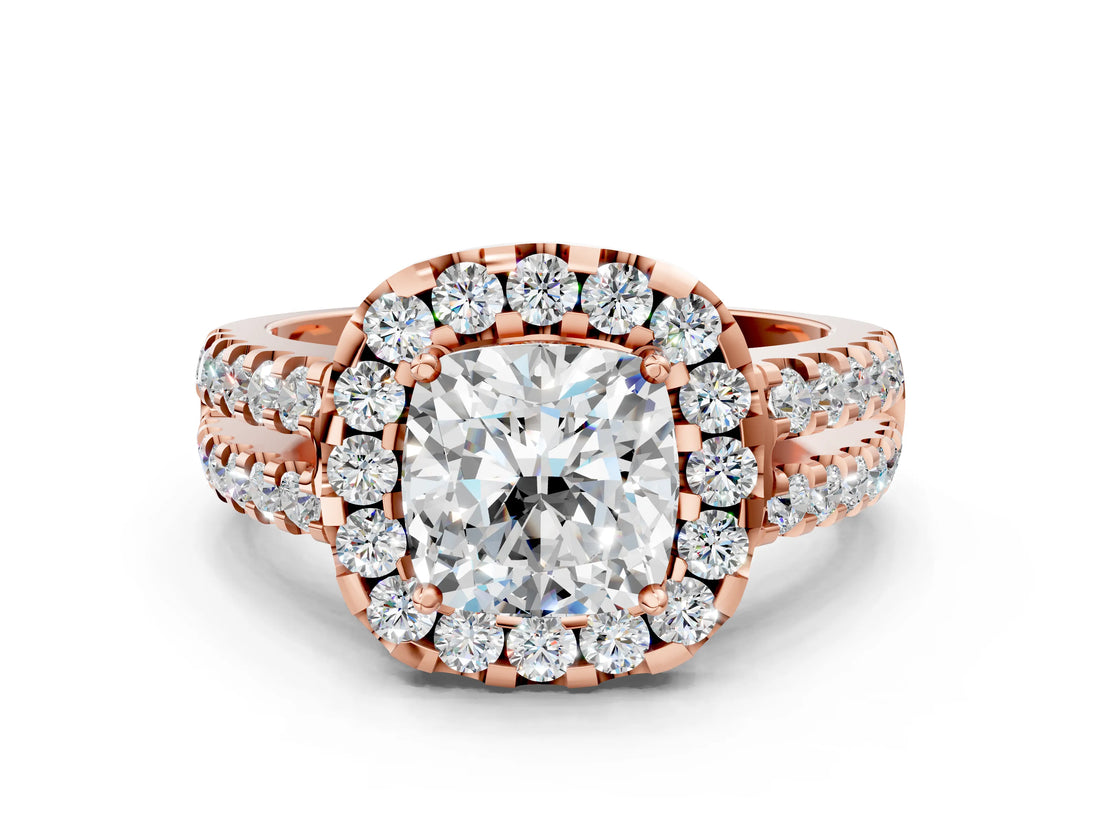 Rose gold Cushion Halo Diamond Split Shank Engagement Ring with Prong Setting_27