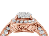 Rose gold Cushion Halo Diamond Split Shank Ring with Milgrain Detail_53