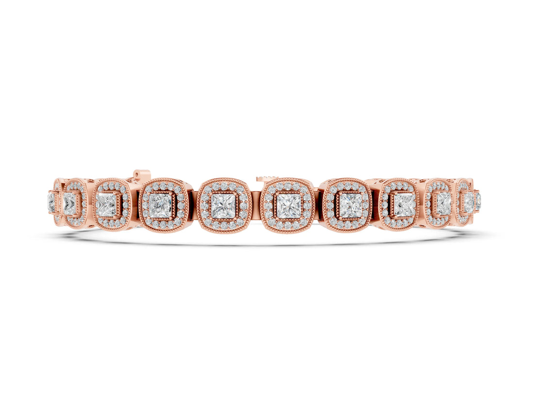 Rose gold Cushion Halo Diamond Tennis Bracelet with Channel Band and Bezel Setting_8
