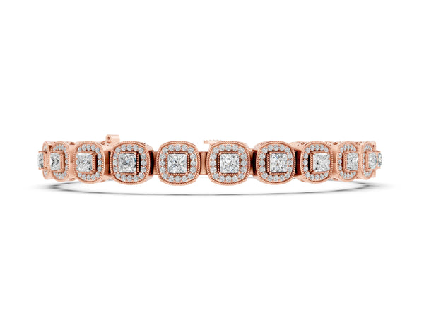 Rose gold Cushion Halo Diamond Tennis Bracelet with Channel Band and Bezel Setting