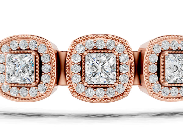 Rose gold Cushion Halo Diamond Tennis Bracelet with Channel Band and Bezel Setting