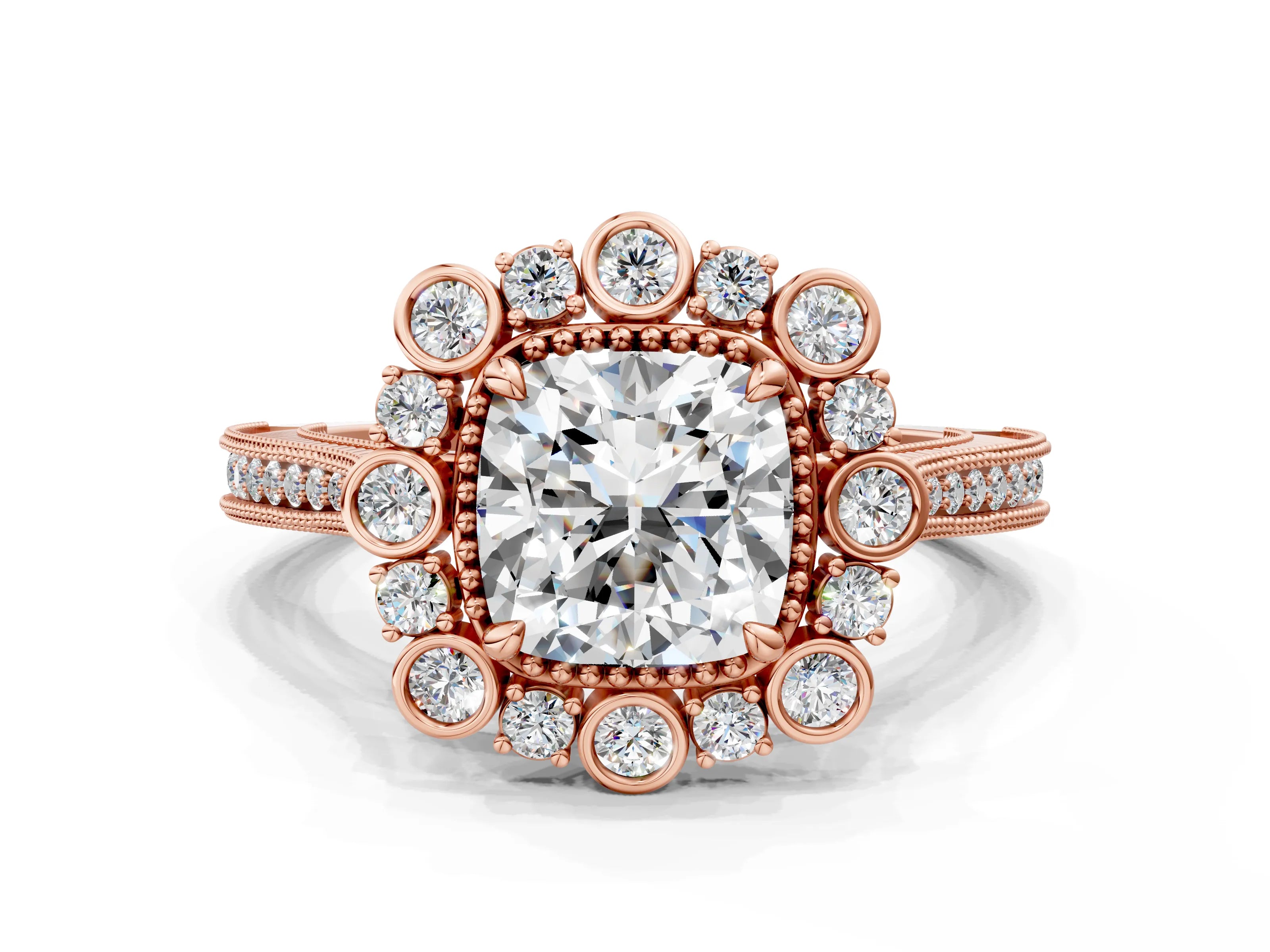 Rose gold Cushion Halo Milgrain Pave Diamond Ring with Four-Prong Setting