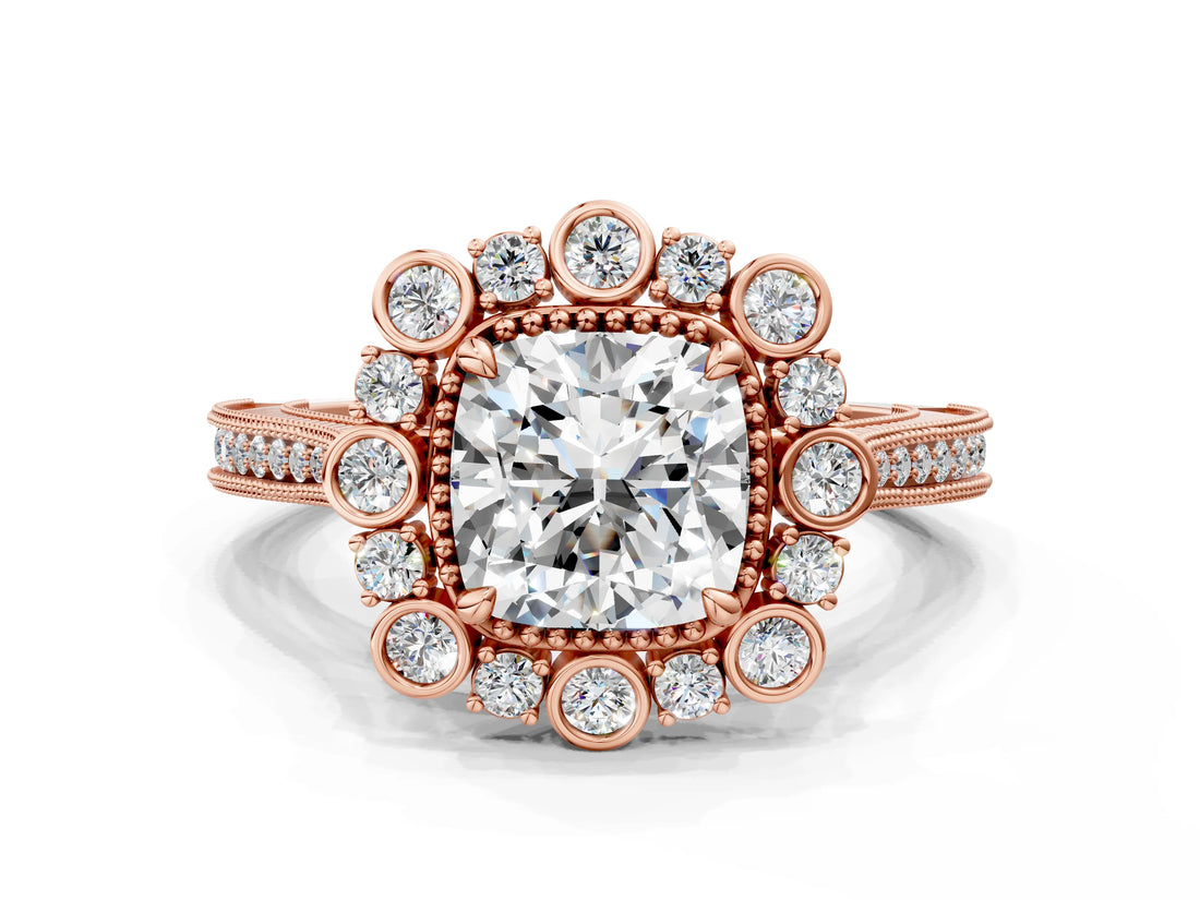 Rose gold Cushion Halo Milgrain Pave Diamond Ring with Four-Prong Setting
