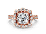 Rose gold Cushion Halo Milgrain Pave Diamond Ring with Four-Prong Setting