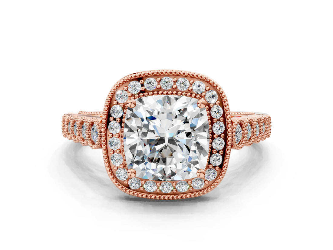 Rose gold Cushion Halo Milgrain Solitaire with Bezel Set Side Stones and Pave Band_31