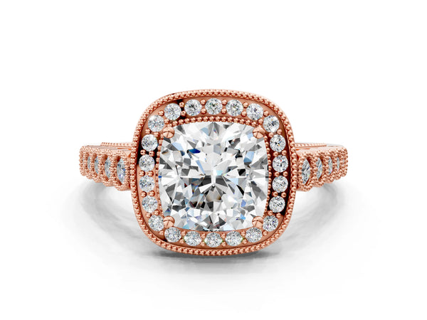 Rose gold Cushion Halo Milgrain Solitaire with Bezel Set Side Stones and Pave Band