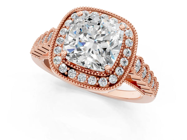 Rose gold Cushion Halo Milgrain Solitaire with Bezel Set Side Stones and Pave Band