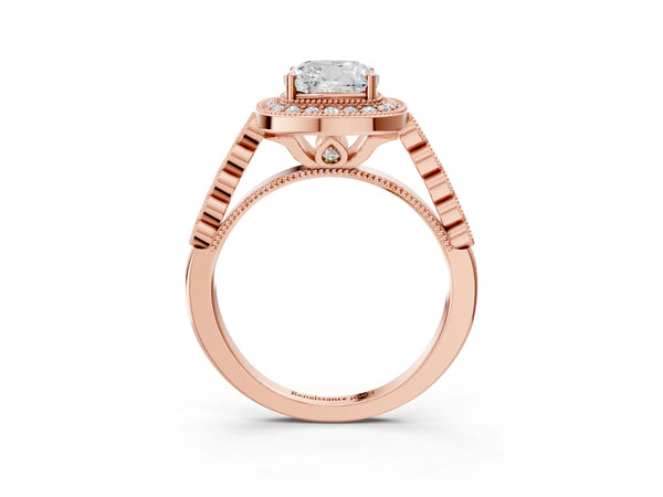 Rose gold Cushion Halo Milgrain Solitaire with Bezel Set Side Stones and Pave Band