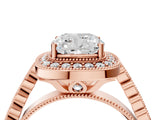 Rose gold Cushion Halo Milgrain Solitaire with Bezel Set Side Stones and Pave Band_35