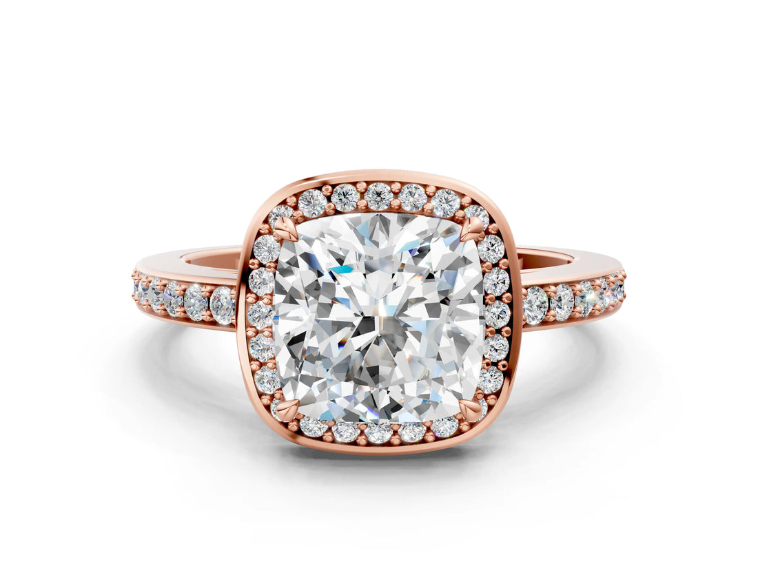Rose gold Cushion Halo Pave Band Solitaire Ring with Prong Setting_65