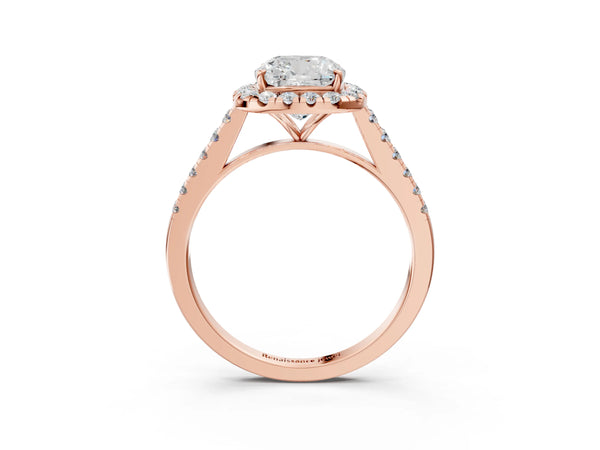 Rose gold Cushion Halo Pave Diamond Engagement Ring with Four-Prong Setting