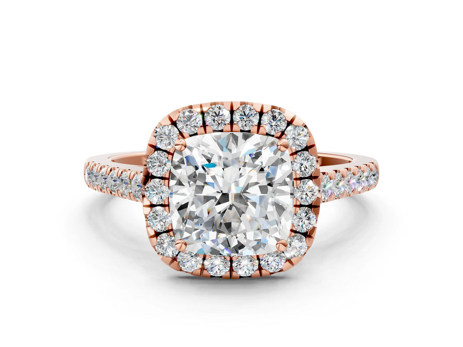 Rose gold Cushion Halo Pave Diamond Engagement Ring with Four-Prong Setting