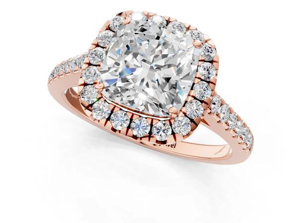 Rose gold Cushion Halo Pave Diamond Engagement Ring with Four-Prong Setting