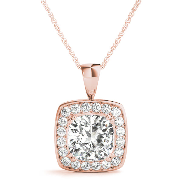 Rose gold Cushion Halo Pendant with Round Diamond and Four-Prong Setting