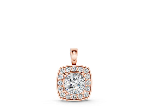 Rose gold Cushion Halo Pendant with Round Diamond and Four-Prong Setting