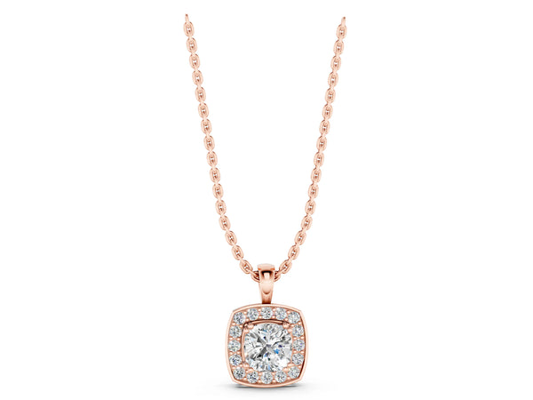 Rose gold Cushion Halo Pendant with Round Diamond and Four-Prong Setting
