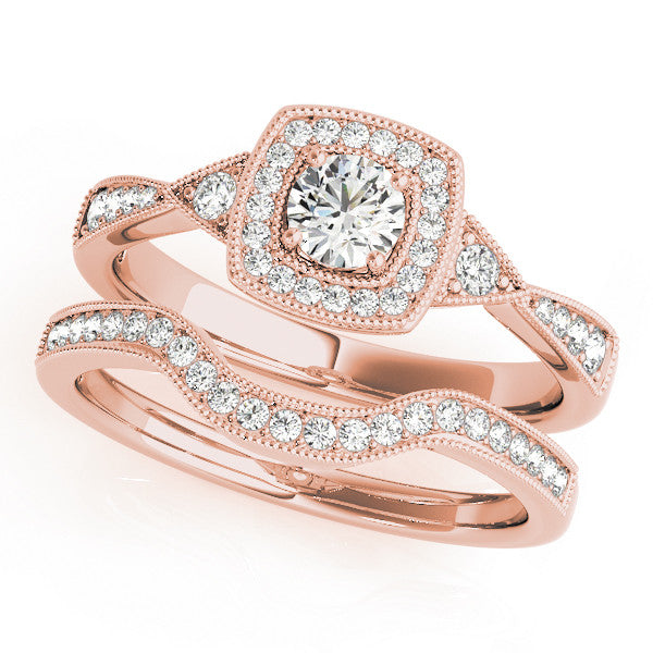 Rose gold Cushion Halo Round Diamond Milgrain Pave Engagement Ring 1
