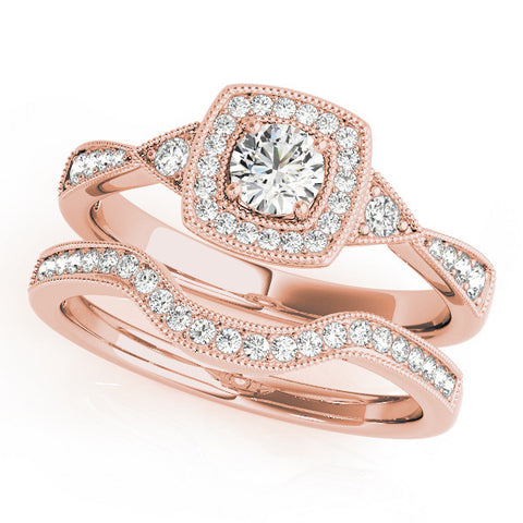 Rose gold Cushion Halo Round Diamond Milgrain Pave Engagement Ring 1