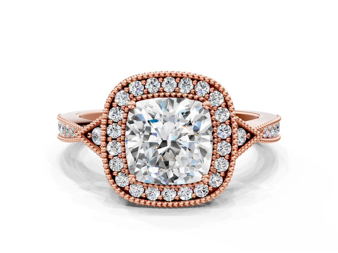 Rose gold Cushion Halo Round Diamond Milgrain Pave Engagement Ring_9