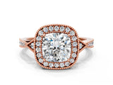Rose gold Cushion Halo Round Diamond Milgrain Pave Engagement Ring_9