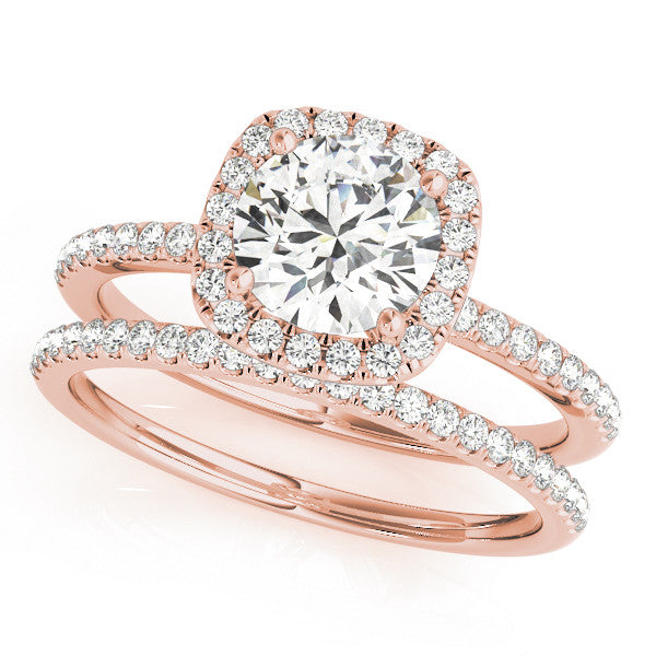 Rose gold Cushion Halo Round Diamond Pavé Band Four-Prong Ring 1