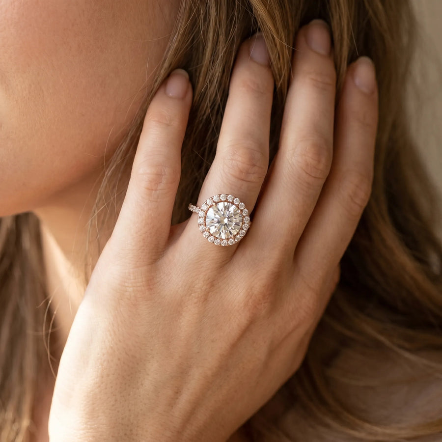 Rose gold Cushion Halo Round Diamond Pavé Band Four-Prong Ring
