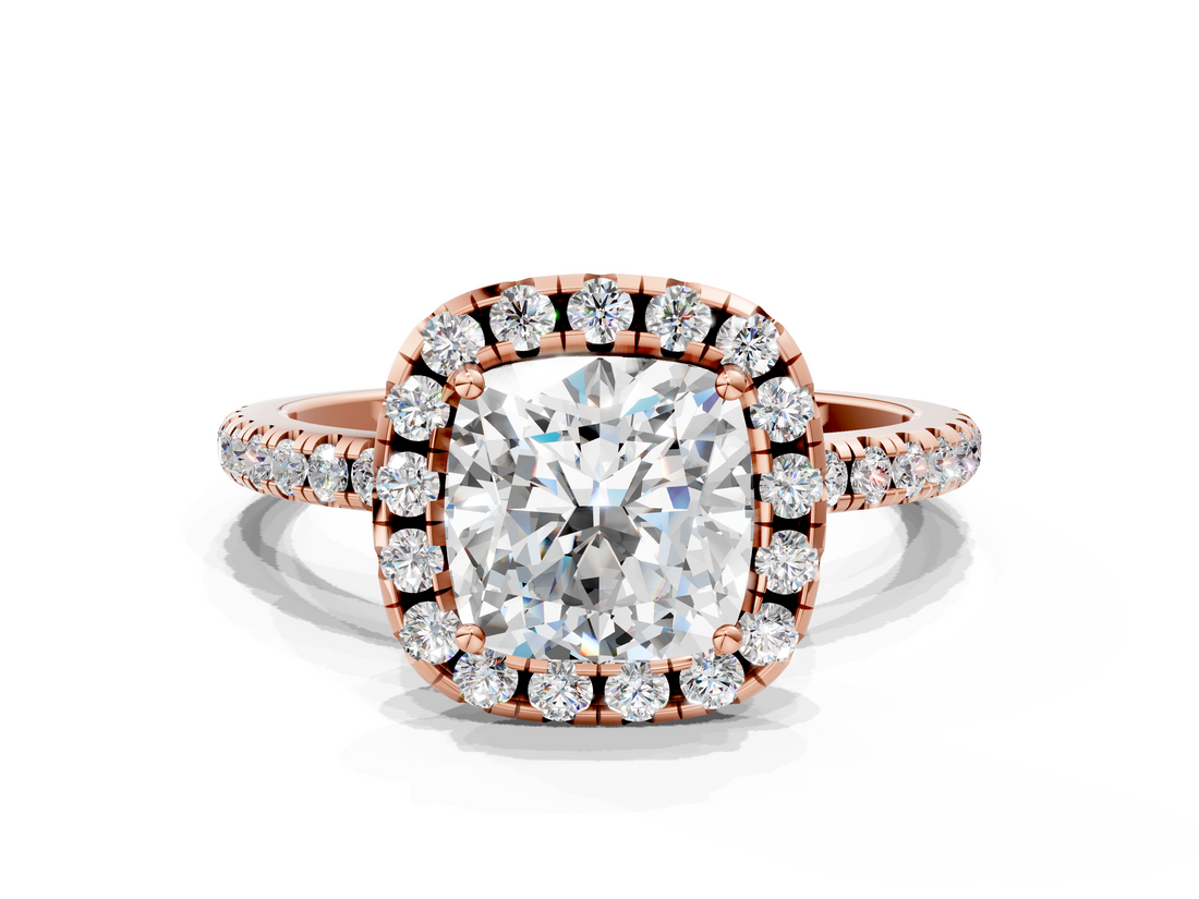 Rose gold Cushion Halo Round Diamond Pavé Band Four-Prong Ring_3