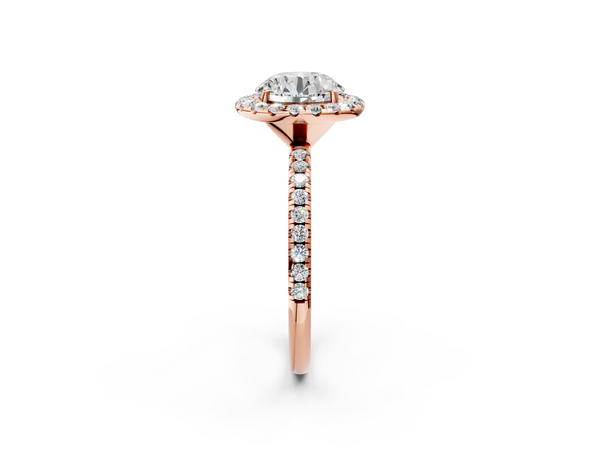 Rose gold Cushion Halo Round Diamond Pavé Band Four-Prong Ring